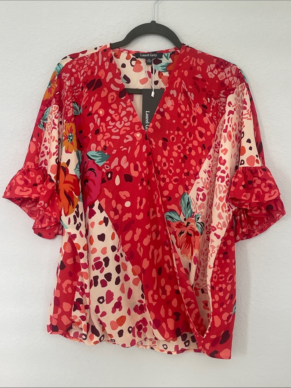 Laurel Grey NWT‎ Floral Mixed Print Faux Wrap Ruffle Sleeve Blouse Medium